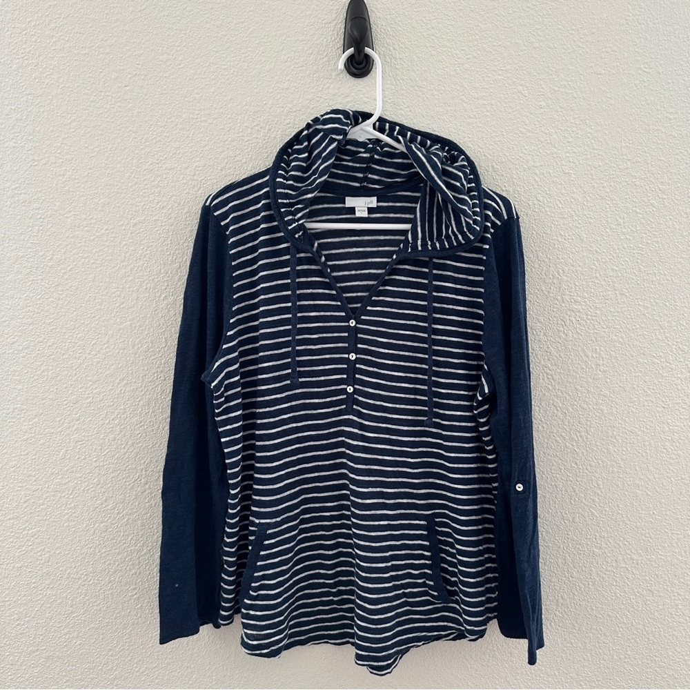J. Jill Striped Linen Henley Hoodie - Coastal Cozy Minimalist -‎ L